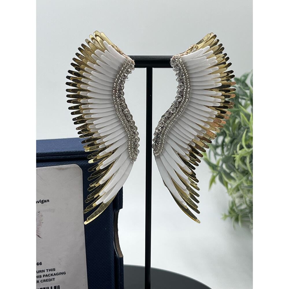 Mignonne Gavigan Gold White Metallic Madeline Large Leather Sequins Wing Earring - Picture 2 of 15